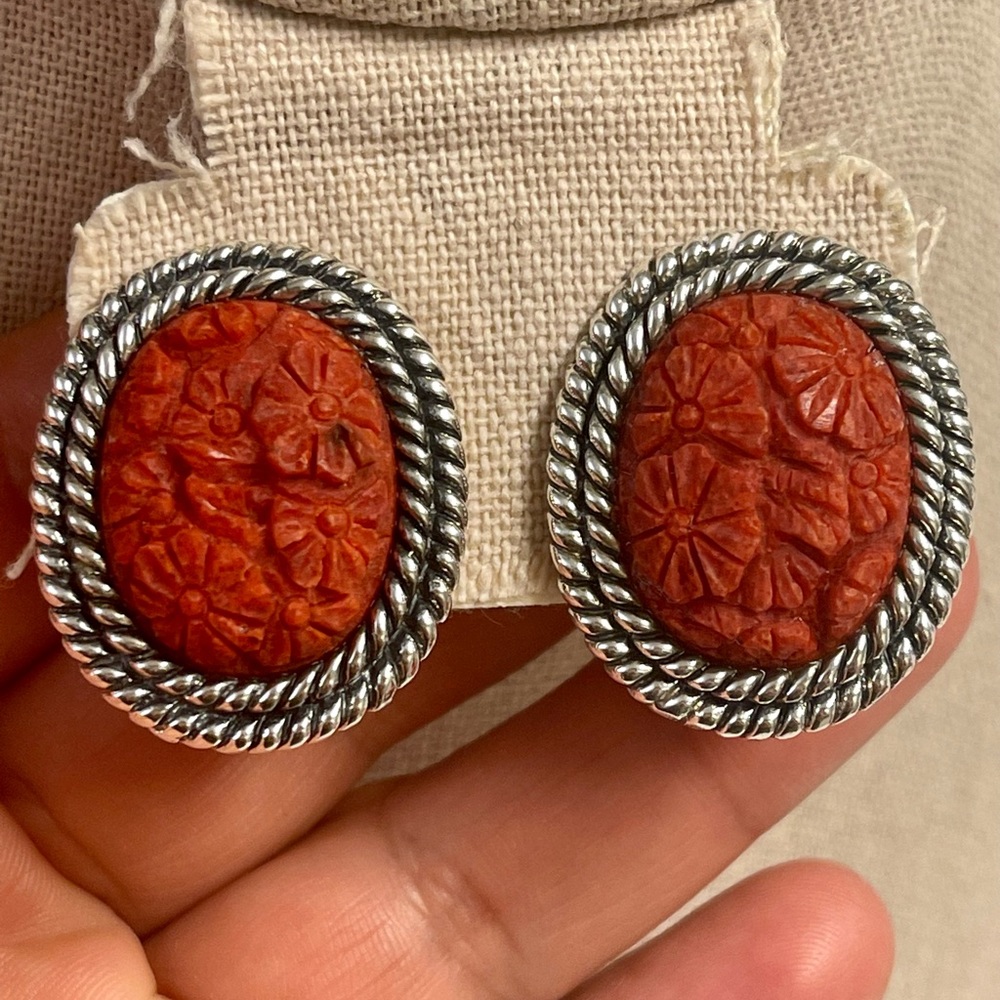AKR Sterling Silver Carved Red Coral Earrings